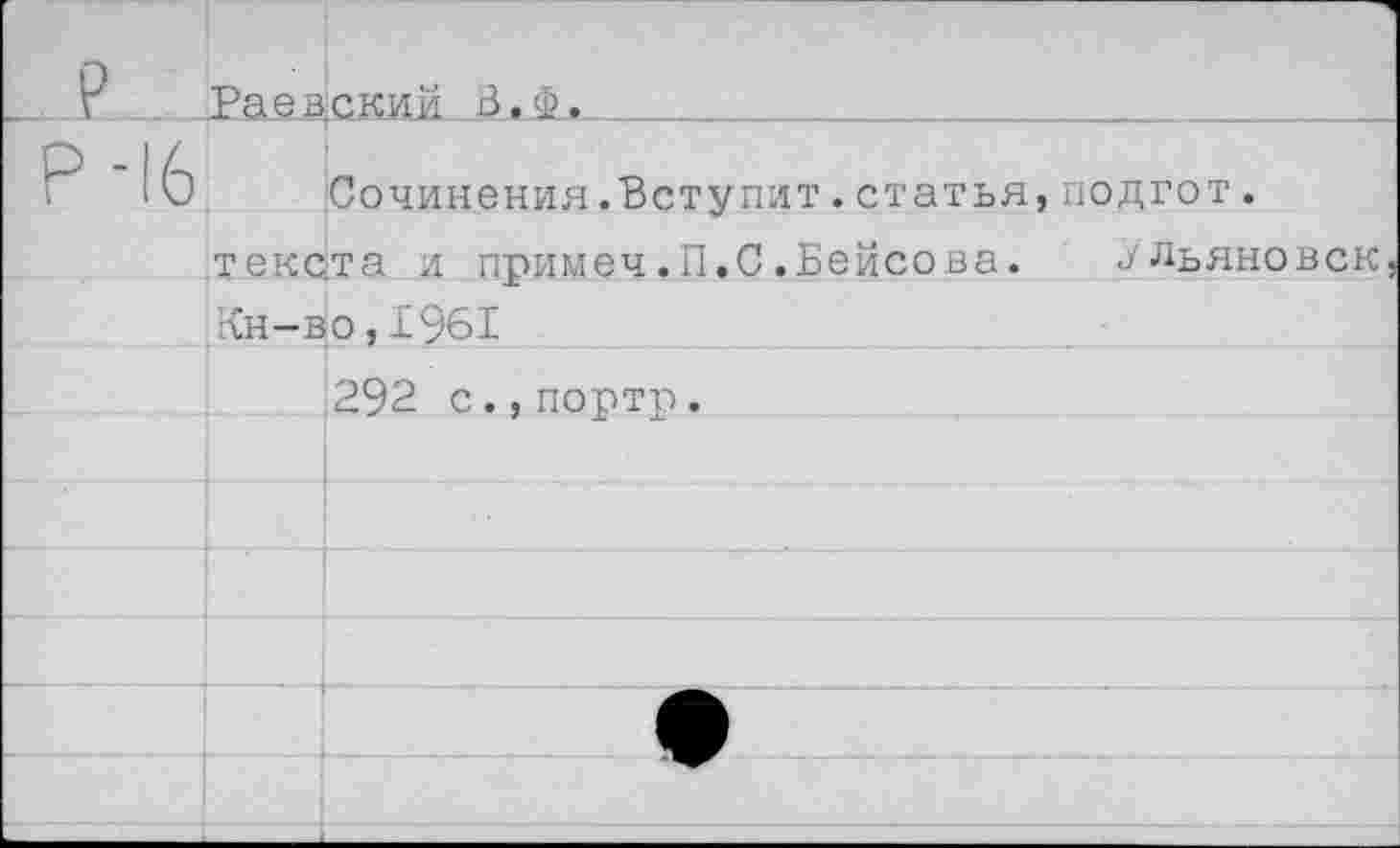 ﻿	Раез.ский. В.Ф,
р-16	Сочинения.Вступит.статья,подгот.
	текста и примеч.П.С.Бейсова. Ульяновск
	Кн-во,1961
	292 с.,портр.
	
	
	
	
	9
	
	